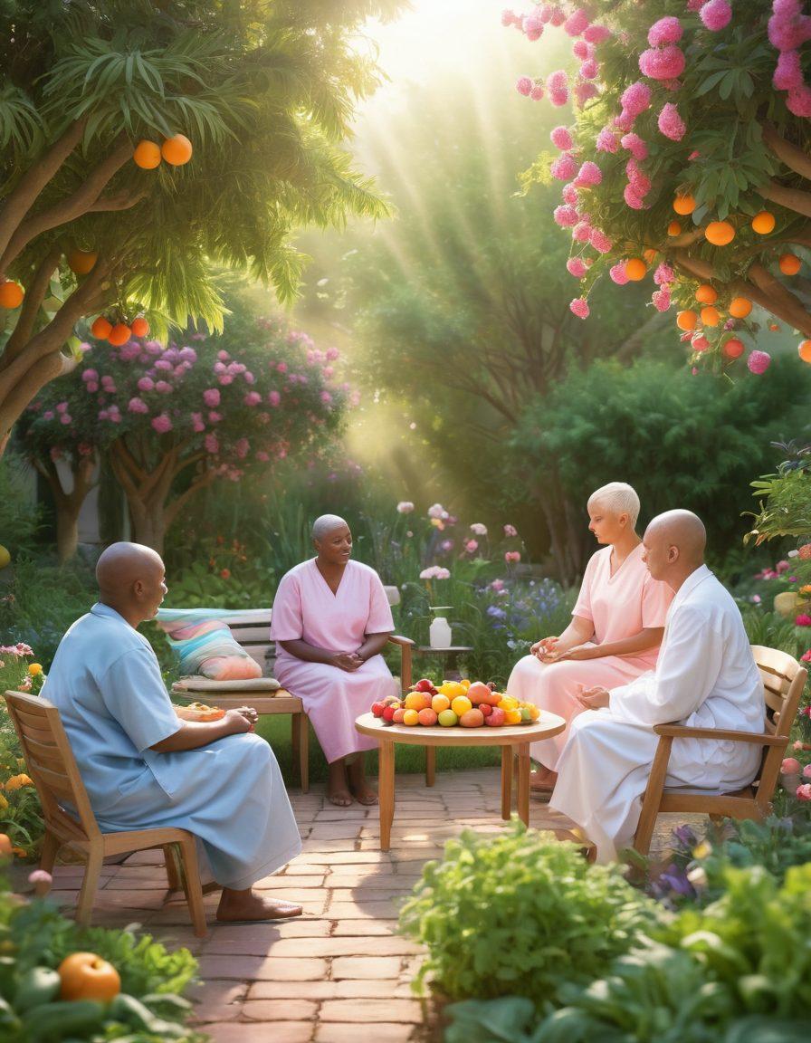 A serene and hopeful imagery depicting a diverse group of cancer patients receiving supportive care: a nutritionist presenting fresh fruits and vegetables, a therapist offering comforting words, and a doctor providing guidance, all surrounded by a vibrant garden symbolizing healing and empowerment. soft lighting. pastel colors. 3D style.