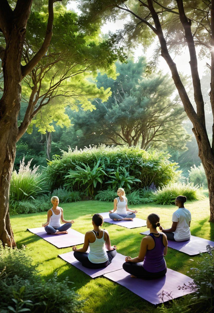 A serene landscape showcasing a diverse group of individuals engaged in various wellness activities such as meditation, yoga, and healthy cooking. The background features lush greenery symbolizing growth and healing, with elements of cancer awareness like lavender ribbons subtly integrated. Bright sunlight filters through the trees, casting a warm glow, creating an inviting and hopeful atmosphere. super-realistic. vibrant colors. nature-inspired.