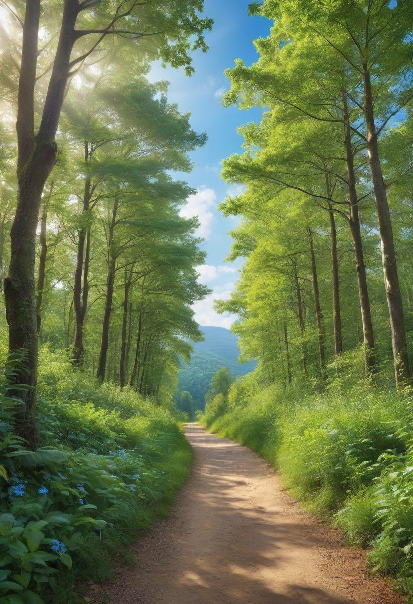 A serene landscape showcasing a path winding through a lush green forest, symbolizing a journey towards health. Along the path, incorporate symbols of wellness like fruits, herbs, and fitness gear, as well as supportive community members engaged in health activities. The sky is a bright blue, representing hope and positivity. Include gentle sunlight filtering through the trees, enhancing a sense of peace and empowerment. vibrant colors. super-realistic.